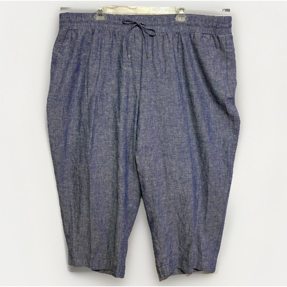 Women Linen Blue Pants 3X Cropped Wide Leg Elastic Waist Jones New York Beachy